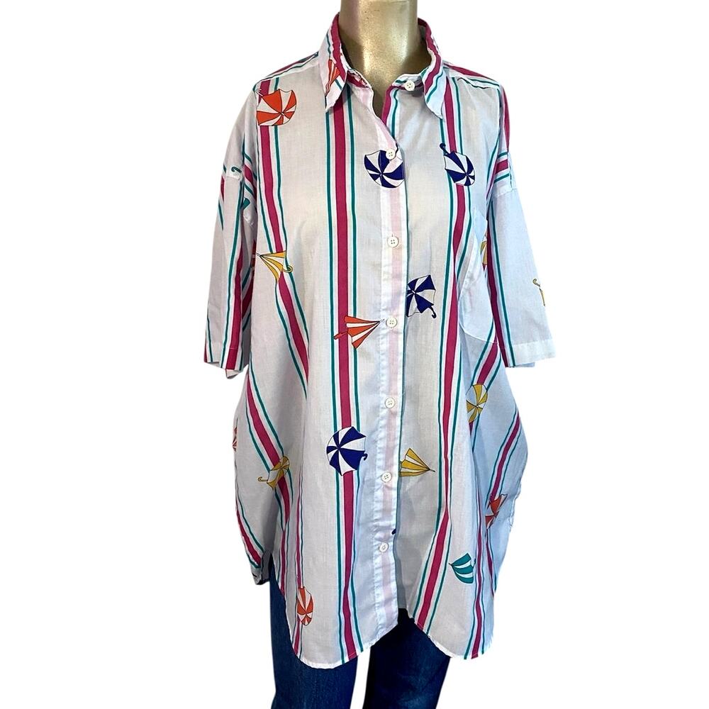 Vtg Laura Katherine 20W Shirt Button Up Beach Umbrella Strip Plue Size 80s 90s